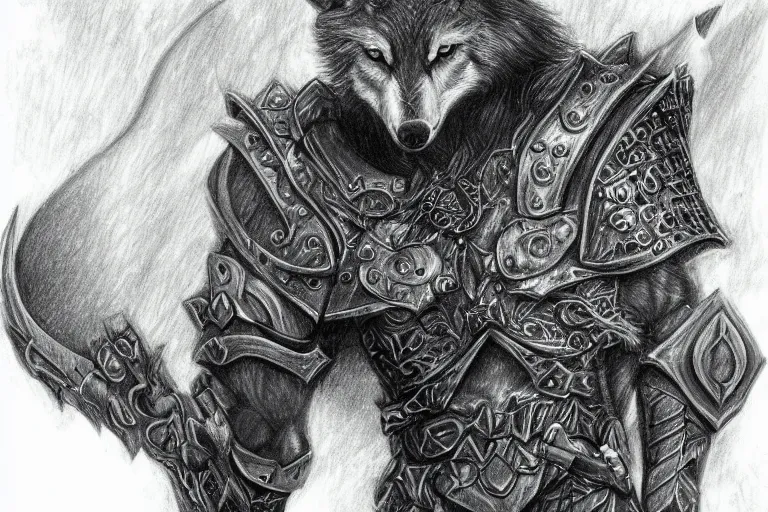 Image similar to a pencil drawing of a wolf, full body, D&D, armor, made by by Pen Tacula