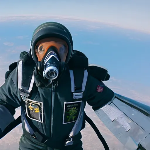 Prompt: a film still of a jet pilot wearing a flight suit and gas mask, attached to a parachute, in the sky, 8k