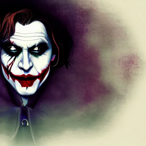 Image similar to Johnny Depp as The Joker, ambient lighting, 4k, alphonse mucha, lois van baarle, ilya kuvshinov, rossdraws, artstation