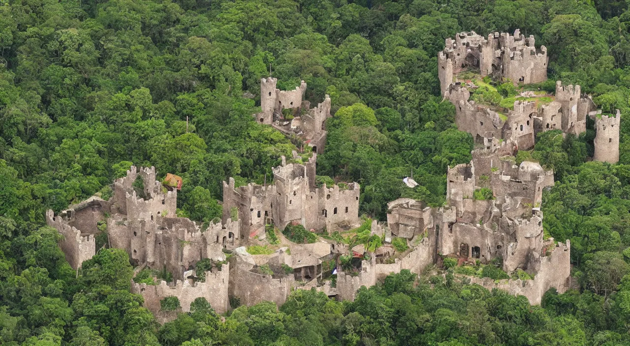 Prompt: a medieval fortress hidden in the jungle, in the style of bob clampett,