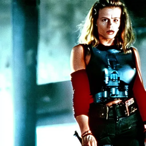 Prompt: a film still of The Terminator in a red woman dress, long shot