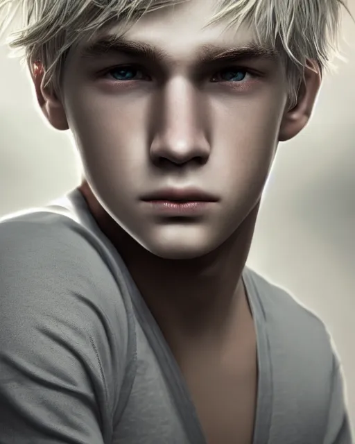 Image similar to portrait a 1 5 - year - old boy, with slender, white - blond hair, cold grey eyes, a pale complexion with sharp and pointed features close up, dramatic lighting, octane render, digital art