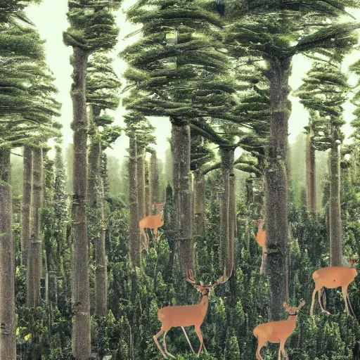 Image similar to a cybernetic ecology. joined back to nature, all watched over by machines of loving grace. a cybernetic forest filled with pines and electronics where deer stroll peacefully past computers as if they were flowers with spinning blossom