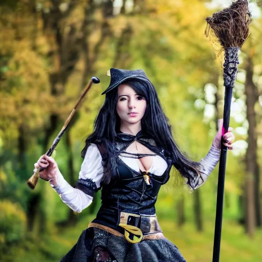 Image similar to young woman witch with magic wand and broom cosplay, she wears boots, full body shot, detailed face, photo taken by nikon, 4k, high quality, very detailed, intricant