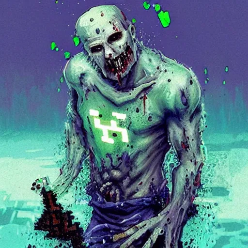 Image similar to painting by greg rutkowski of a minecraft drowned zombie with glowing cyan eyes, wearing ragged clothing and and algae growing on it, holding a trident, underwater