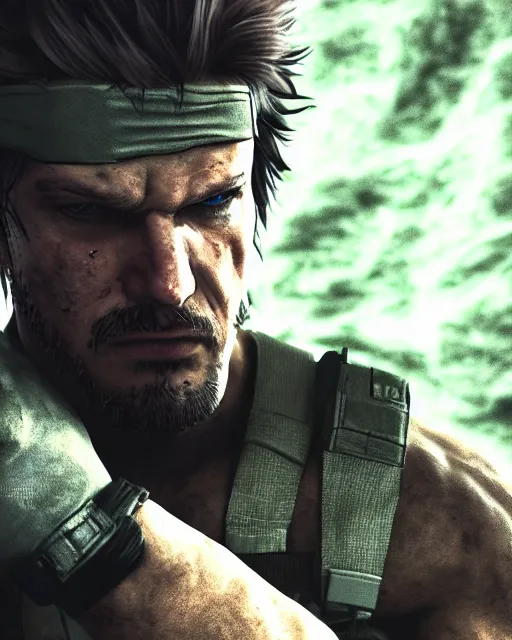 Prompt: solid snake portrait, cinematic lighting, anguished depressed facial expression, crying screaming black atmospheric background, 4 k photography hdr