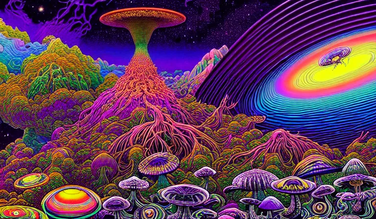 Image similar to an expansive rendering of beautiful and complex ultimate void and black holes by dan mumford, by jim fitzpatrick, by joe wilson, by jim burns, by victo ngai, by jacek yerka, surrounded with colorful magic mushrooms and rainbowcolored marihuana leaves, insanely integrate, featured on deviant art, trending on artstation