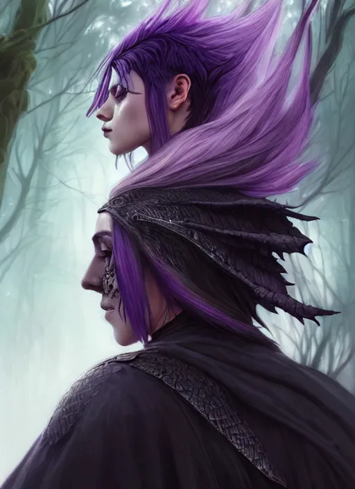 Image similar to side portrait crow, adventurer outfit large cloak, fantasy forest landscape, dragon scales, fantasy magic, undercut hairstyle, short purple black fade hair, dark light night, intricate, elegant, sharp focus, illustration, highly detailed, digital painting, concept art, matte, art by WLOP and Artgerm and Greg Rutkowski and Alphonse Mucha, masterpiece