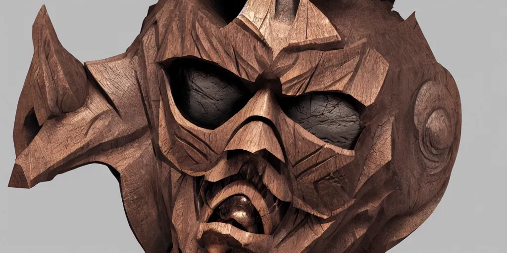 Image similar to evil wooden mask design, character sheet, 3d render, Greg Rutkowski, Zabrocki, Karlkka, Jayison Devadas, Phuoc Quan, trending on Artstation, 8K, ultra wide angle, zenith view, pincushion lens effect