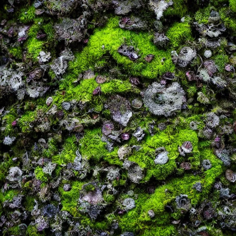 Image similar to a lichens and moss close-up various fungus, mushrooms and plants, inside the picture is infinity, Atmospheric phenomenon, artistic photography, muted colors, conceptual, long exposure outside the city, volumetric light