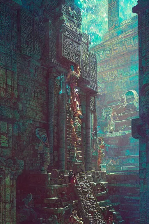 Image similar to cyberpunk mayan ancient chicheni tza , fantasy, painting by greg rutkowski and alphonse mucha