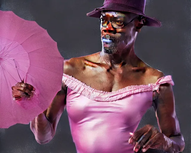 Image similar to photography of samuel l jackson in a pink ballerina outfit, fulll body shot, deep focus, d & d and mtg, fantasy, intricate, elegant, highly detailed, digital painting, artstation, concept art, matte, sharp focus, illustration, hearthstone, art by artgerm and greg rutkowski and alphonse mucha