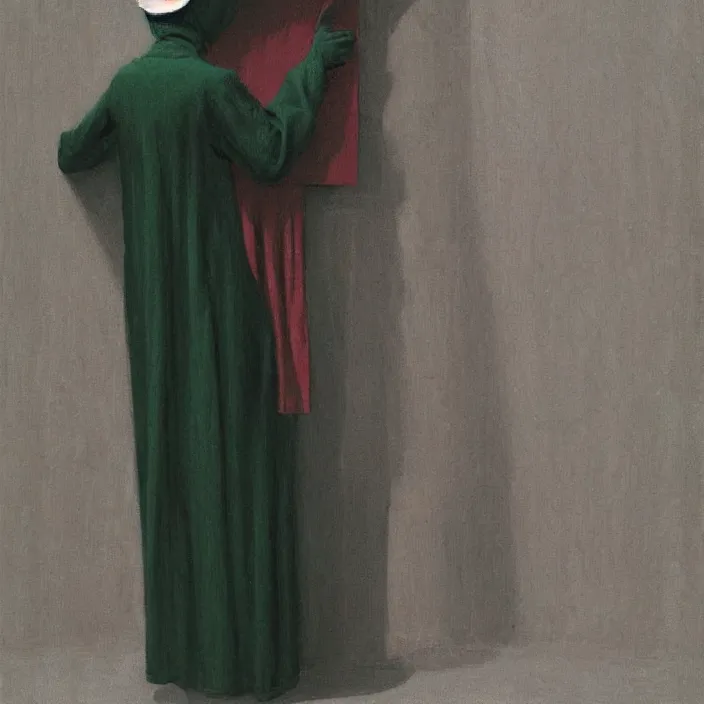 Image similar to woman in black robed, back to us, arms to the sides, dressed in red paper bags, holding stack of green paper bags, highly detailed, artstation, art by edward hopper, zdislav beksinski, wayne barlowe, edward hopper