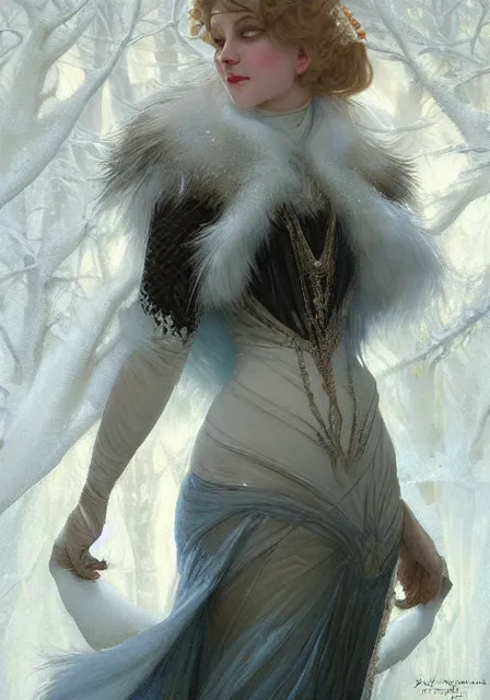 Image similar to snow queen in furry ice, intricate, elegant, highly detailed, digital painting, artstation, concept art, smooth, sharp focus, illustration, art by artgerm and greg rutkowski and alphonse mucha and william - adolphe bouguereau