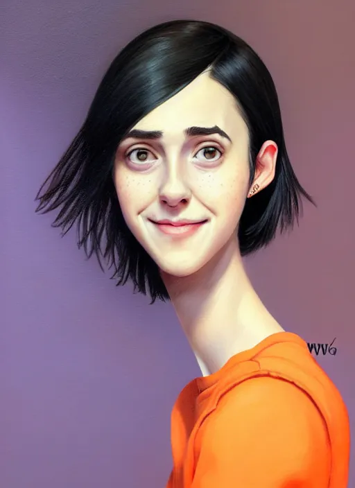 Image similar to portrait of high school girl, realistic, black hair, bangs, half updo hairstyle, pointy nose, skinny, smile, ugly, defined jawline, big chin, orange hair bow, earrings, intricate, elegant, glowing lights, highly detailed, digital painting, artstation, sharp focus, illustration, art by wlop, mars ravelo and greg rutkowski