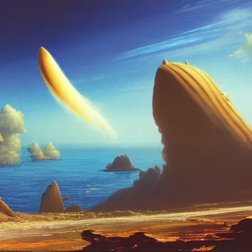 Prompt: beautiful matte painting of golden shores of a blue dreamy ocean, heavenly island in the clouds floating above the ocean, spaceship flying by, sci - fi, daylight, blue sky, cinematic lighting, cinematic perspective, syd mead, john harris, federico pelat