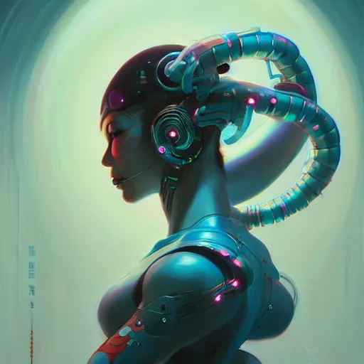 Prompt: a portrait of a beautiful cybernetic geisha, cyberpunk concept art by pete mohrbacher and wlop and artgerm and josan gonzales, digital art, highly detailed, intricate, sci-fi, sharp focus, Trending on Artstation HQ, deviantart, unreal engine 5, 4K UHD image