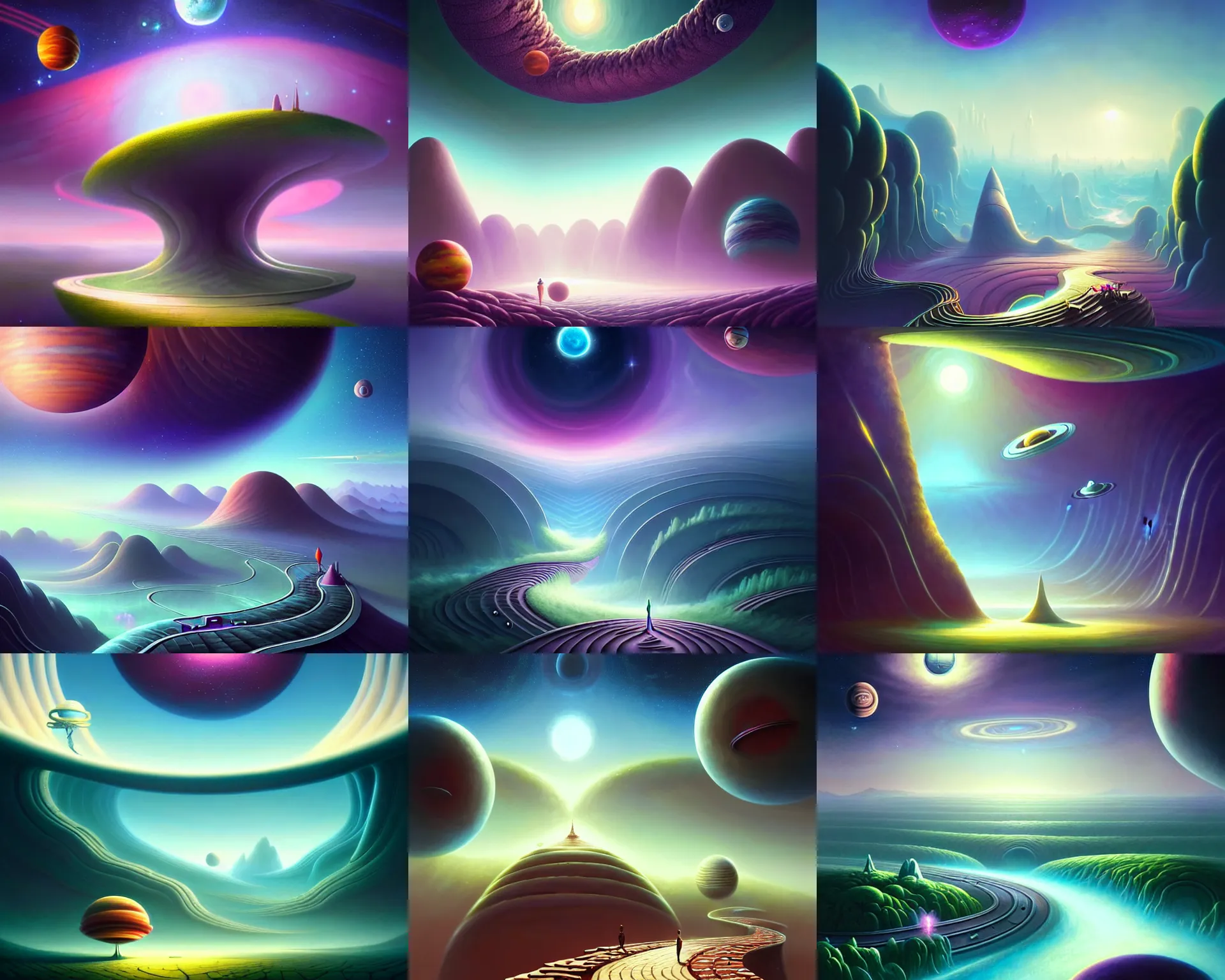 Prompt: a whimsical masterpiece matte painting of a winding path through outer space sci - fi worlds, surreal planets designed by heironymous bosch, megastructures inspired by heironymous bosch, vast surreal landscapes and horizon by asher durand and cyril rolando and natalie shau, insanely detailed, elegant, cool