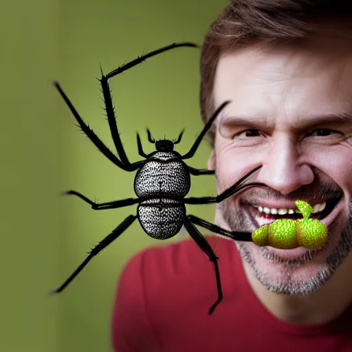 Prompt: photograph of smiling man with spiders inside his mouth, 8k resolution, high detail, ULTRA REALISTIC VFX, reflections