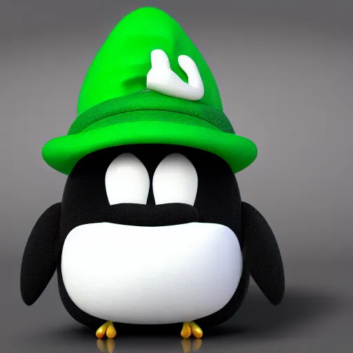 Image similar to tux penguin wearing the luigi hat in front of a computer with linux running on the screen, cute digital art, 4 k