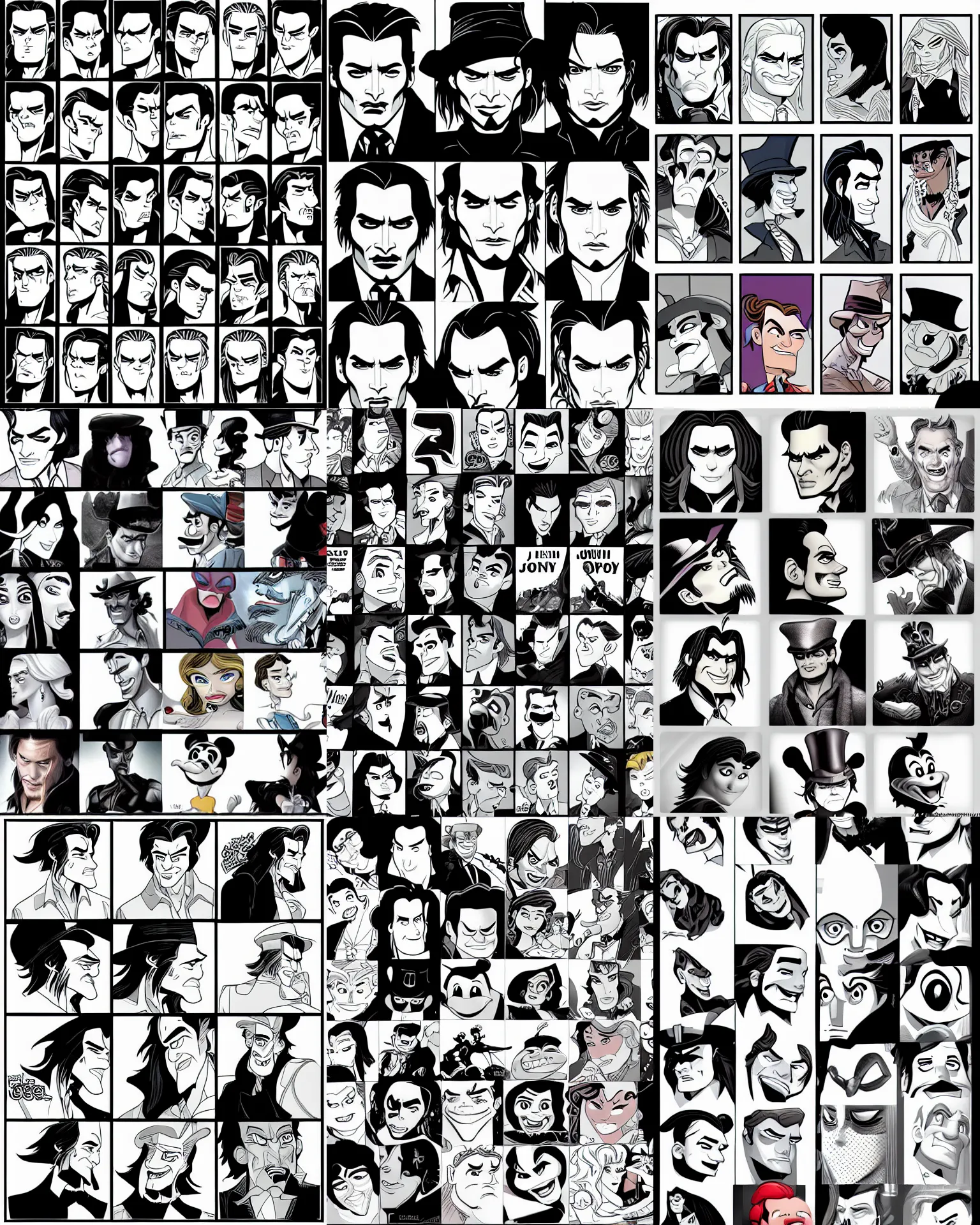 Prompt: !comic book 2d disney! johnny depp big close up head expression angle portrait comics animation flat grayscale .