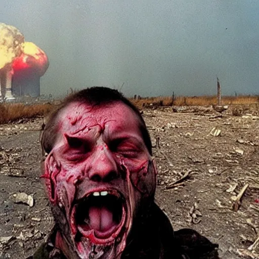 Image similar to selfie of a ukrainian screaming in pain and terrible injuries from a nuclear explosion, everything is on fire and radiation, in the background people look like zombies corpses and chocklets, a large nuclear explosion in the background