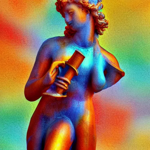 Image similar to a reneissance statue holding a coctail, medium shot, colorful coctail, digital painting