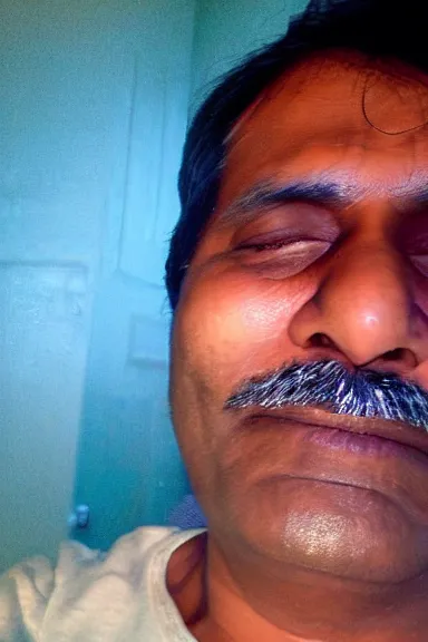 Image similar to my Indian dad accidentally taking a selfie with the front camera, squinting because the camera flash is so bright in his face