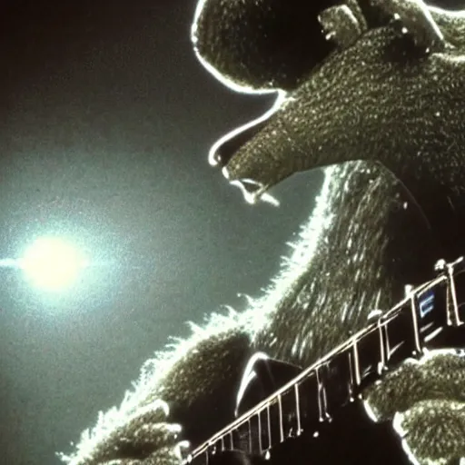 Prompt: godzila playing banjo, movie style