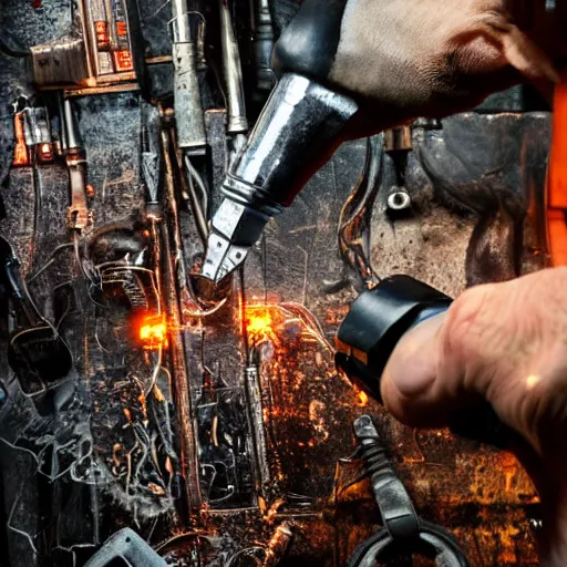 Image similar to half rusted old egg beater half stun - gun, balding older cyborg repairing, red hot soldering iron, dark messy smoke - filled cluttered workshop, dark, dramatic lighting, orange tint, cinematic, highly detailed, sci - fi, futuristic, movie still from blade runner