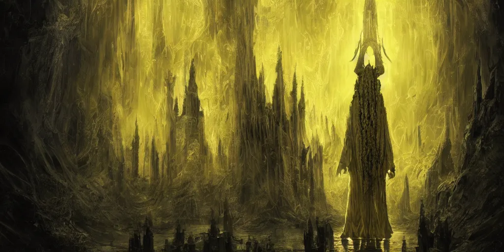 Image similar to a tall towering huge pale human wearing a yellow garment sitting upon an ornate stone throne, 4K, digital art, lovecraftian, lovecraft art, artstation, horror, dramatic, wearing a long yellow rotting garment, dark, hyperrealistic, dramatic perspective, complex (((dark))) cathedral background, dark background, highlights, extremely detailed,