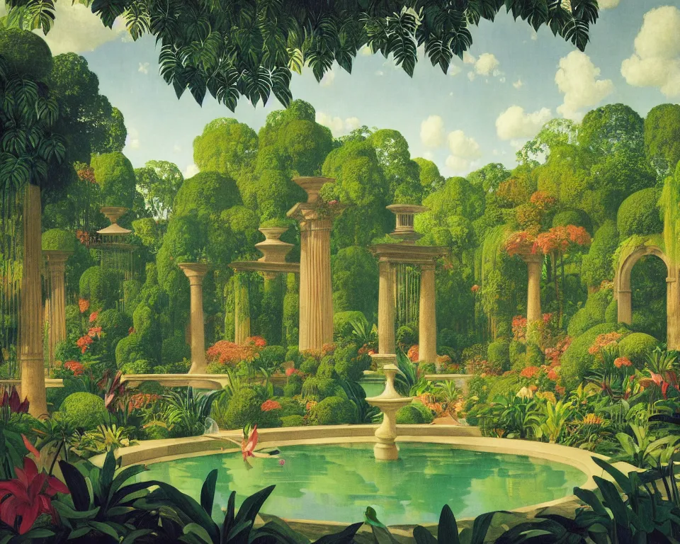 Prompt: an achingly beautiful print of the interior of a botanic garden, featuring flowing fountains and tropical foliage, by Raphael, Hopper, and Rene Magritte. detailed, romantic, enchanting, trending on artstation.