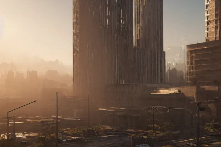 Image similar to streetscape, a towering cathedral of brutalist architecture, buildings covered with greebles, stunning volumetric light, sunset, metal, concrete and translucent material, stunning skies, majestic landscape, trending on Artstation, 8k, photorealistic, hyper detailed, unreal engine 5, IMAX quality, cinematic, epic lighting, in the style of Greg Rutkowski