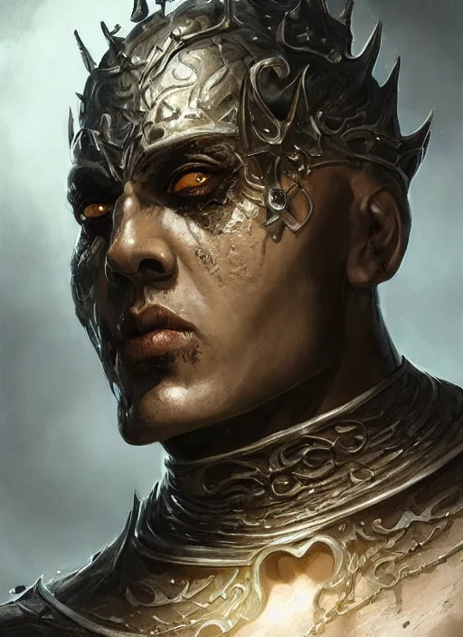 Image similar to full portrait of priest - king of the old gods, black metal shiny skin. intricate, elegant, highly detailed, centered, digital painting, artstation, concept art, smooth, sharp focus, illustration, artgerm, joseph christian leyendecker, wlop, frank frazetta