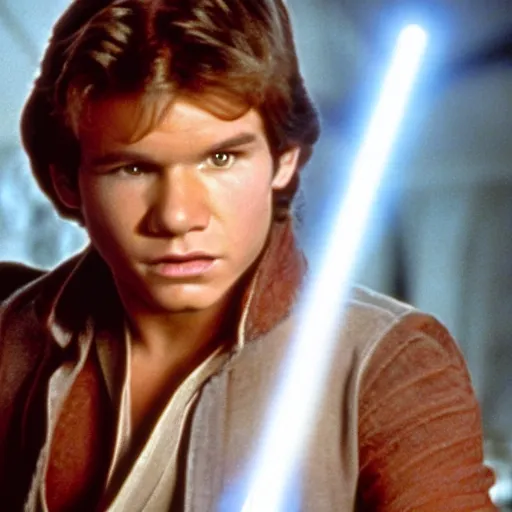 Image similar to A full color still from a film of a teenage Han Solo as a Jedi padawan holding a lightsaber hilt, from The Phantom Menace, directed by Steven Spielberg, 35mm 1990