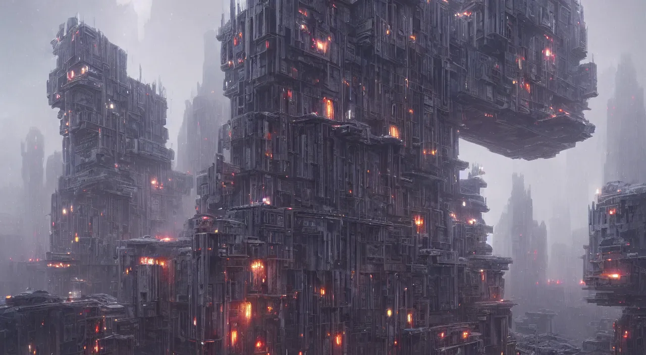 Image similar to highly detailed brutalist architecture city, star wars imperial style, while it's snowing, stephen bliss, unreal engine, fantasy art by greg rutkowski, loish, rhads, ferdinand knab, makoto shinkai, ilya kuvshinov, rossdraws, global illumination, radiant light, detailed and intricate environment