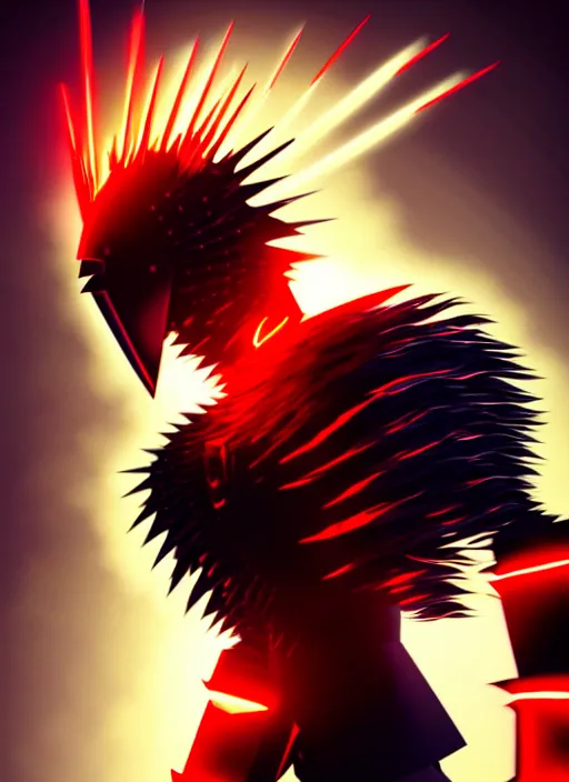 Image similar to a striking cinematic full body manga portrait of a black haired teenager wearing imposing red jagged spiked plate armour and glowing with red energy by hirohiko araki and beeple, fine details, digital art, character concept art, volumetric lighting, cinematic light, photorealistic