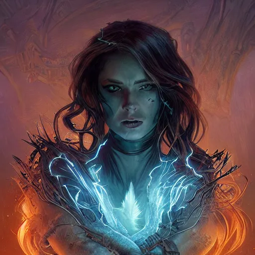 Image similar to An epic fantasy comic book style portrait of a necromancer, castle setting, horror movie lightning, intricate, elegant, highly detailed, digital painting, artstation, concept art, matte, sharp focus, illustration, art by Artgerm and Greg Rutkowski and Alphonse Mucha