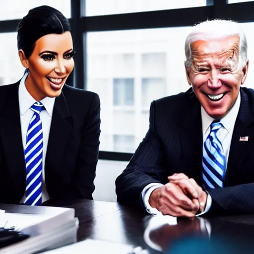 Prompt: stock photo of kim kardashian, and joe biden wearing suits and ties laughing in an office building, 8k resolution, full HD, cinematic lighting, award winning, anatomically correct