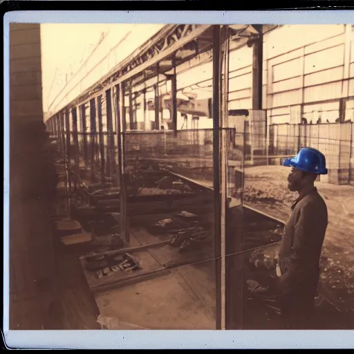 Image similar to a polaroid photo of man doing sort things into sort machines in warehouse, he's wearing blue cloth and construction hat,, photo from behind, highly details, perfect face shape, cinematic lighting,