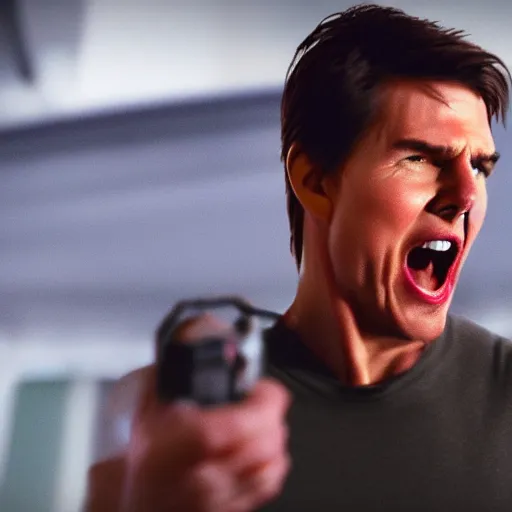 Image similar to Tom Cruise screaming at broken toys, 8k, cinematic, photorealistic