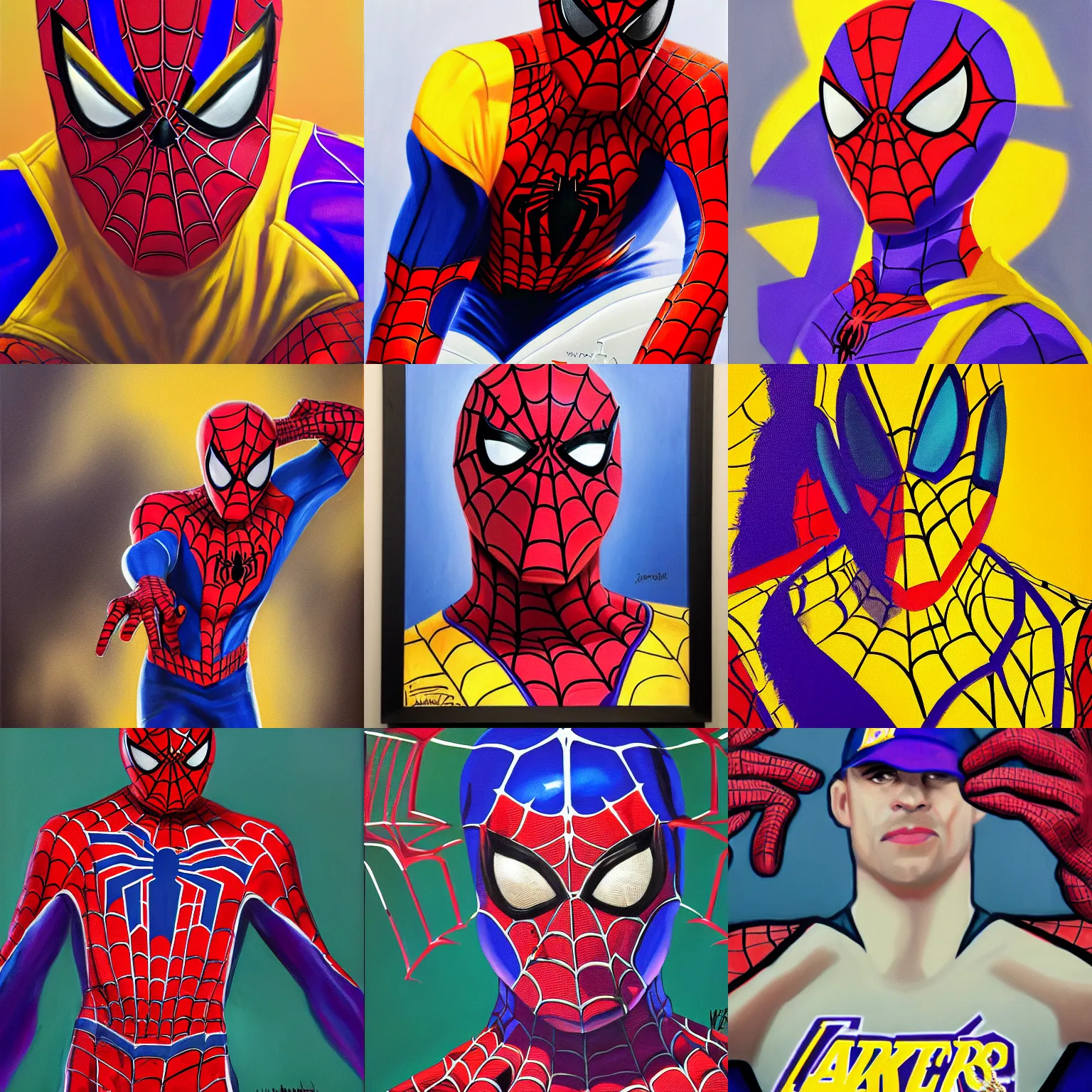 Prompt: portrait spiderman inspired by the los angeles lakers, 1 9 3 9, oil on canvas by william sidney mount, hyper militaristic, spidey suit, vibrant, colorful, trending on artstation