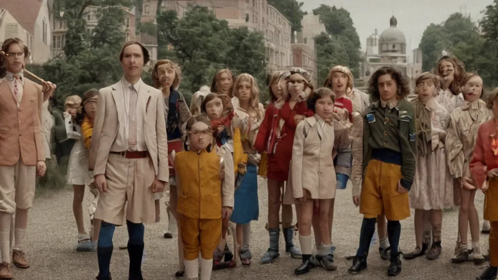 Image similar to A still from a Wes Anderson movie about the pied piper