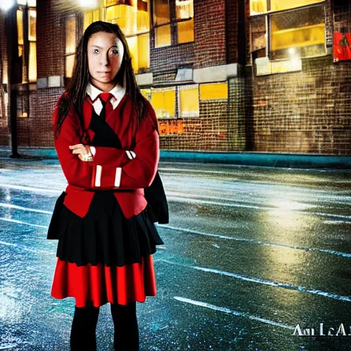 Prompt: night flash portrait photography of a catholic high school girl in uniform on the lower east side by annie leibovitz, colorful, nighttime!, raining!