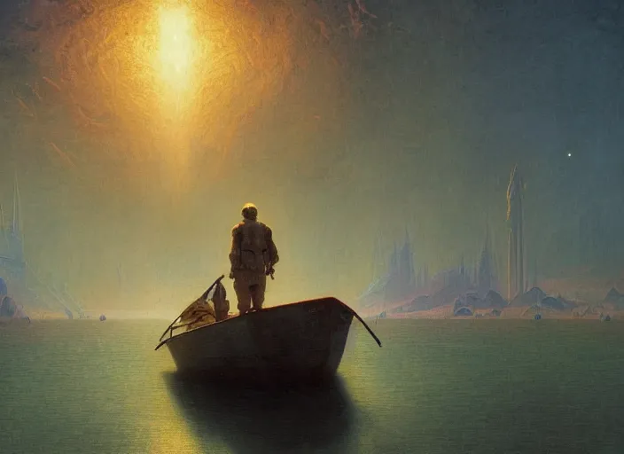 Prompt: a sailor on canals in planet mars, by jean delville and sophie anderson and mandy jurgens and ralph mac quarrie, retrofuturism, moody atmosphere, cinematic atmospheric, cinematic lighting, golden ratio, perfect composition, elegant, no crop, extremely detailed, 4 k, hd, sharp focus, masterpiece, trending on artstation