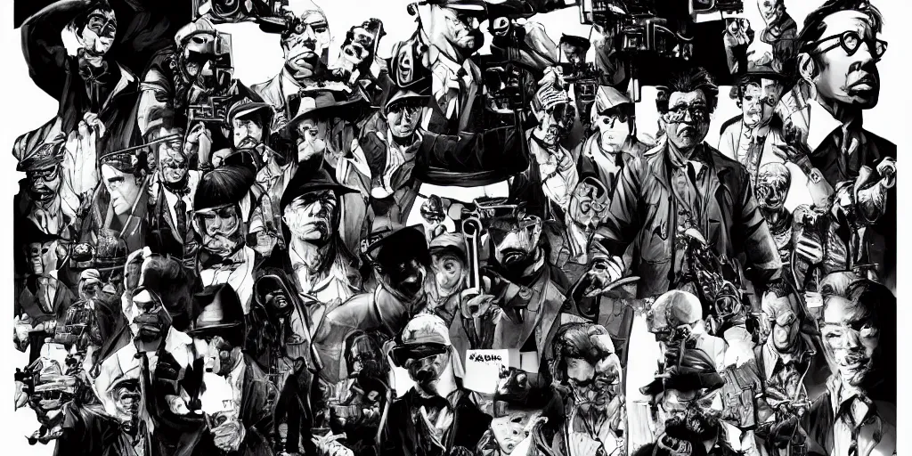 Image similar to noir film world character design, Kim Jung Gi, trending on Artstation, 8K, ultra wide angle, pincushion lens effect.