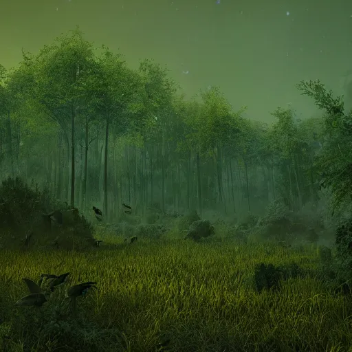 Prompt: an alien forest, yellow and green sky, birds in flight, humid alien jungle, atmospheric, unreal engine, trending on artstation