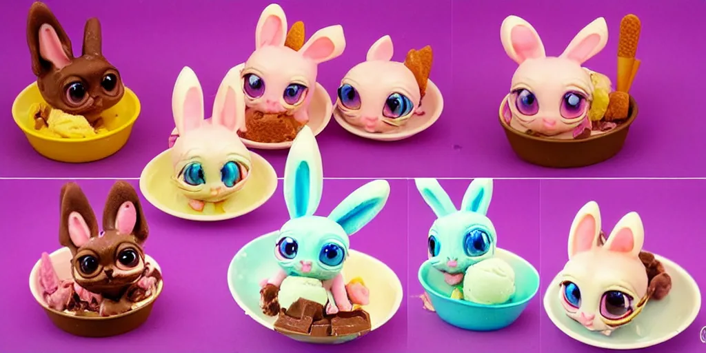 Prompt: ice cream made in the shape of 3 d littlest pet shop rabbit, bunny, realistic, melting, soft painting, desserts with chocolate syrup, toppings, ice cream, forest, master painter and art style of noel coypel, art of emile eisman - semenowsky, art of edouard bisson