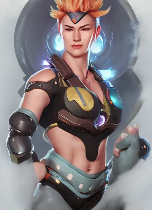 Image similar to character portrait of a fusion of Zarya from Overwatch and Zenyatta from Overwatch by ArtGerm and Tom Bagshaw, 4k, highly detailed, cinematic lighting, characters merged