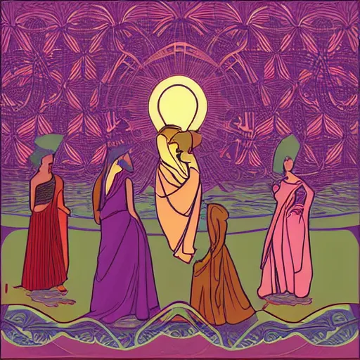 Prompt: the women gathered by the river as the sun set , high quality digital art in the style of Art Nouveau,